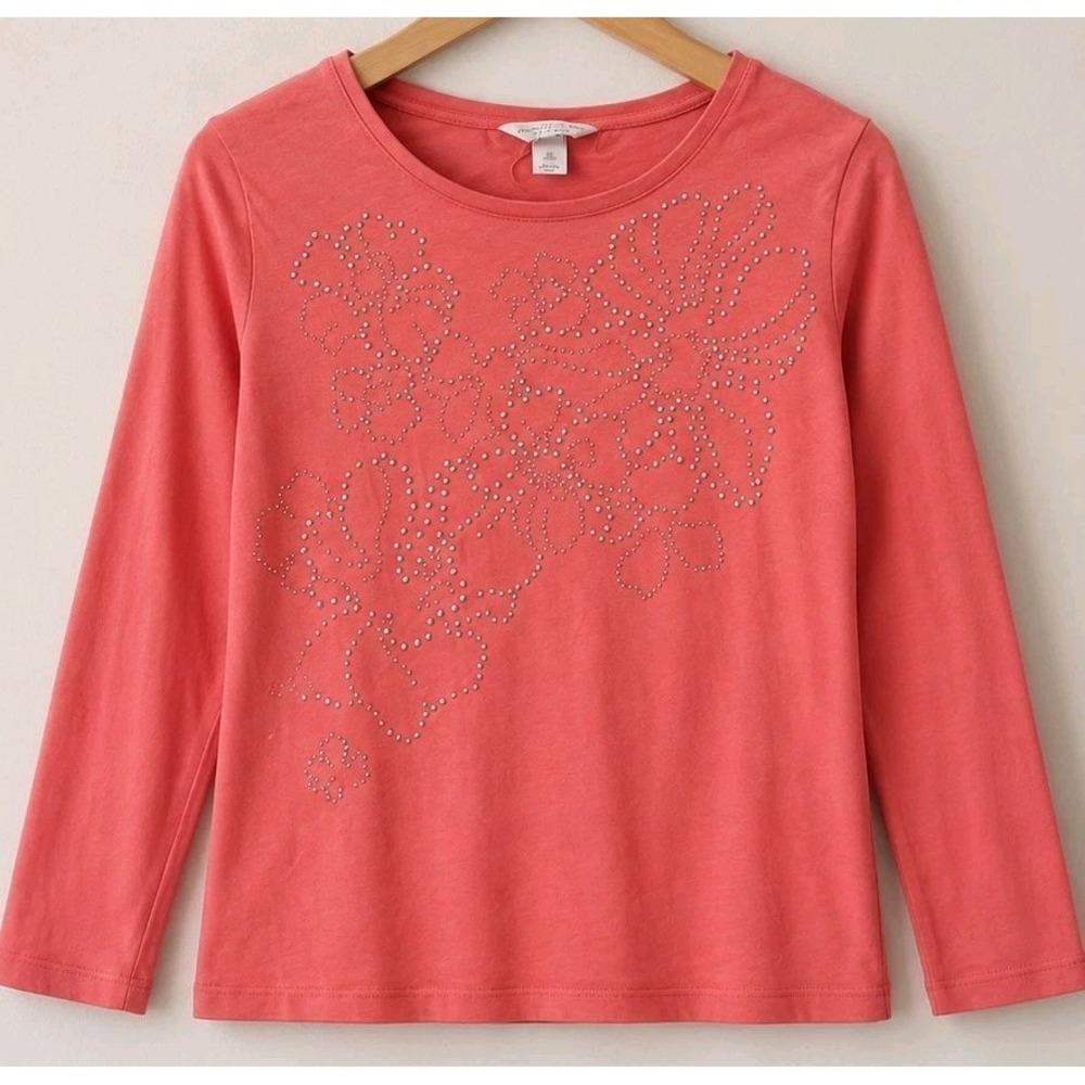 Christopher & Banks Petite Large Coral Top Rhinestone Floral 95% Cotton Casual